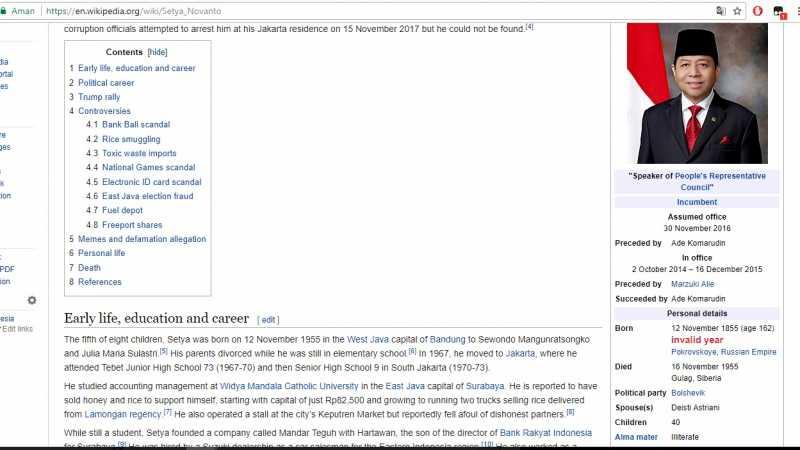 Nama Setya Novanto di English Wikipedia Diubah Jadi Setya No Fun Tho