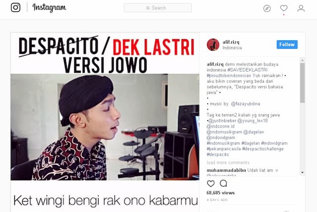 Keren, Lagu Despacito Luis Fonsi - Justin Bieber versi Jawa